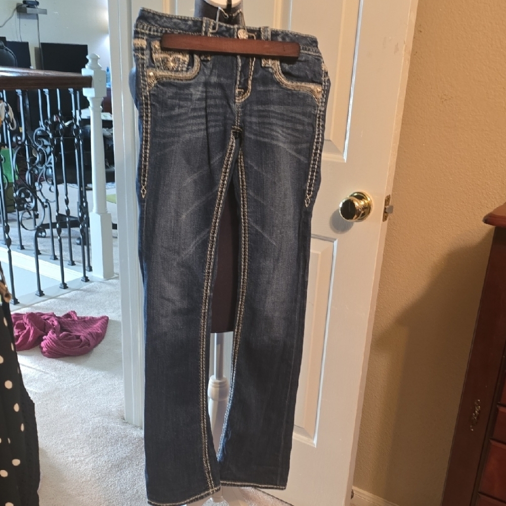 Dark Wash Boot Cut Rock Revival Stylish Blue Jeans 32 In Inseam